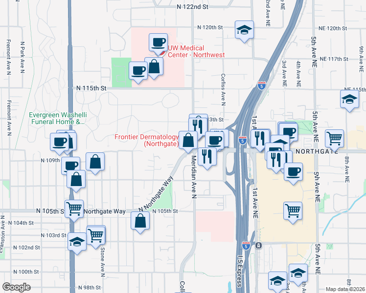 map of restaurants, bars, coffee shops, grocery stores, and more near 11001 Meridian Avenue North in Seattle