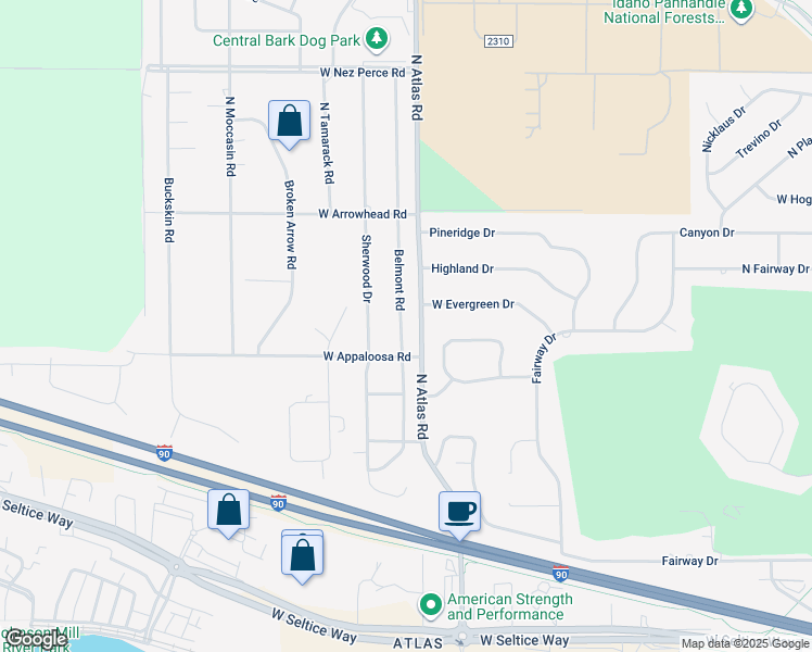 map of restaurants, bars, coffee shops, grocery stores, and more near 3409 Belmont Road in Coeur d'Alene