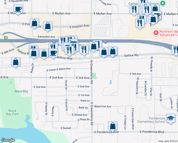 map of restaurants, bars, coffee shops, grocery stores, and more near 1908 East Coeur D Alene Avenue in Post Falls