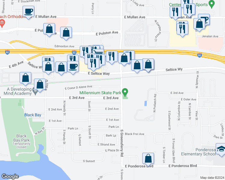 map of restaurants, bars, coffee shops, grocery stores, and more near 1812 East Coeur D Alene Avenue in Post Falls