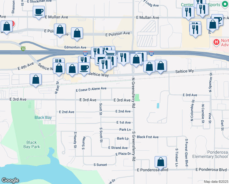 map of restaurants, bars, coffee shops, grocery stores, and more near 305 North Beckett Street in Post Falls