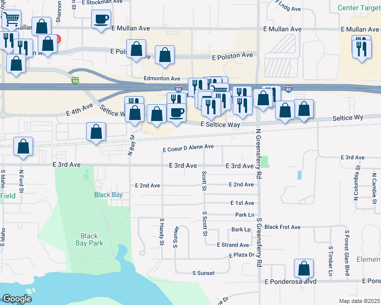 map of restaurants, bars, coffee shops, grocery stores, and more near 1616 East Coeur D Alene Avenue in Post Falls