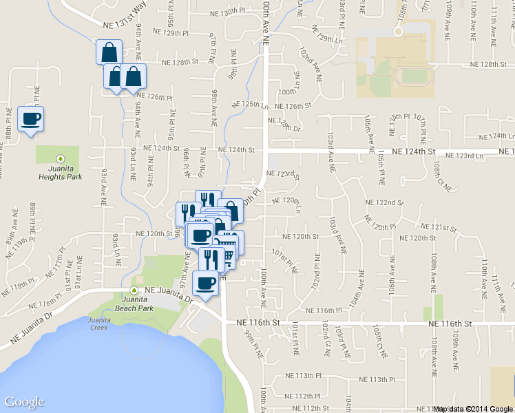 map of restaurants, bars, coffee shops, grocery stores, and more near 12115 100th Avenue Northeast in Kirkland