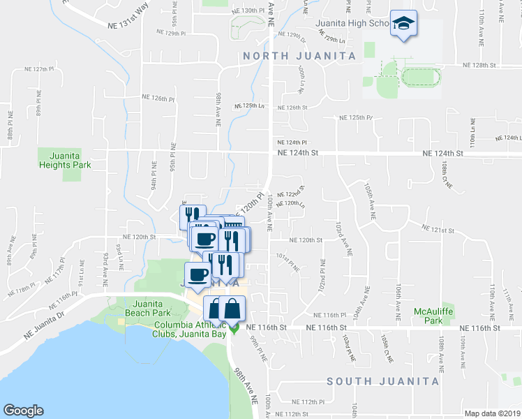 map of restaurants, bars, coffee shops, grocery stores, and more near 12115 100th Avenue Northeast in Kirkland
