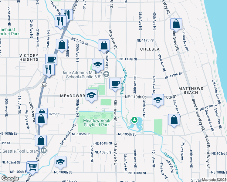 map of restaurants, bars, coffee shops, grocery stores, and more near 11020 35th Avenue Northeast in Seattle