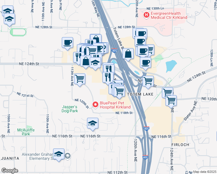 map of restaurants, bars, coffee shops, grocery stores, and more near 12305 120th Avenue Northeast in Kirkland