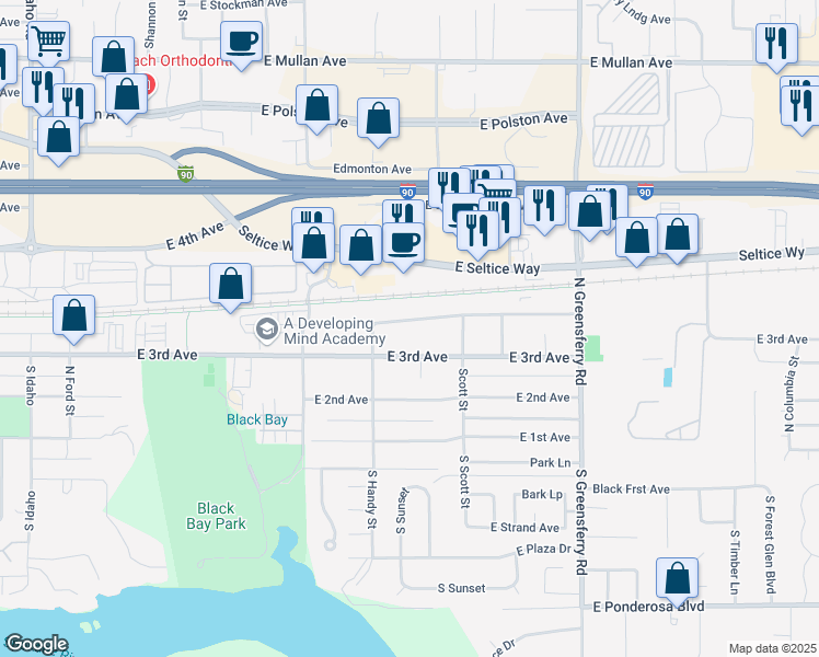 map of restaurants, bars, coffee shops, grocery stores, and more near 1612 East Coeur D Alene Avenue in Post Falls