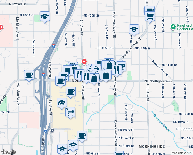 map of restaurants, bars, coffee shops, grocery stores, and more near 550 Northeast Northgate Way in Seattle