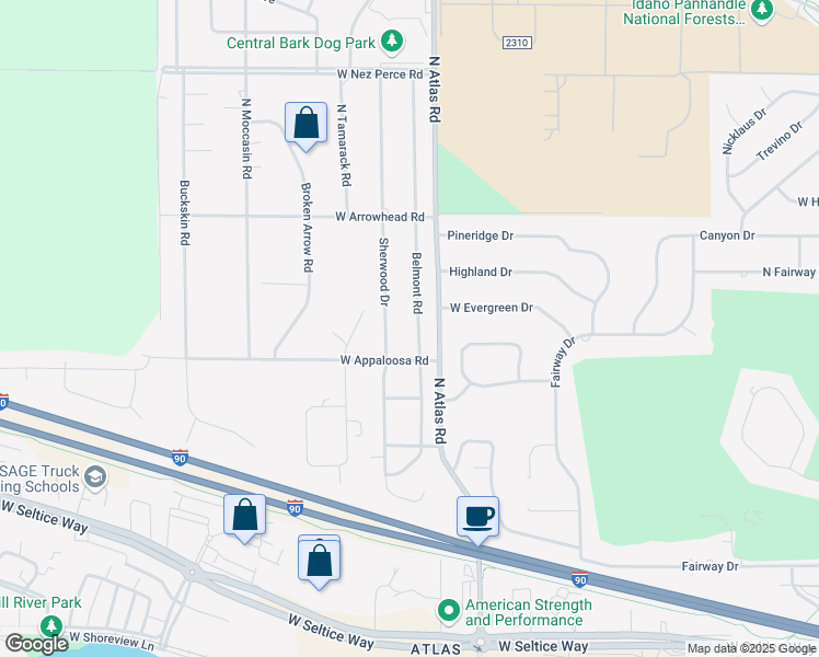 map of restaurants, bars, coffee shops, grocery stores, and more near 3409 Belmont Road in Coeur d'Alene