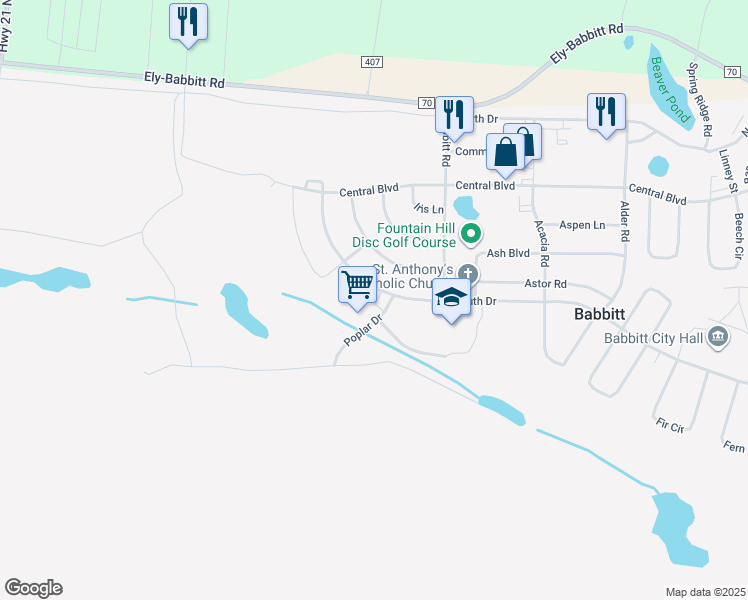map of restaurants, bars, coffee shops, grocery stores, and more near 40 Maple Boulevard in Babbitt