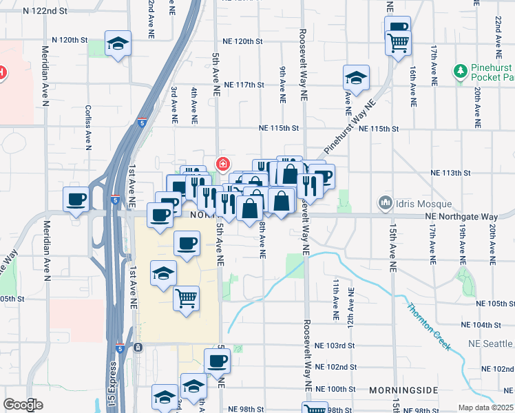 map of restaurants, bars, coffee shops, grocery stores, and more near 550 Northeast Northgate Way in Seattle