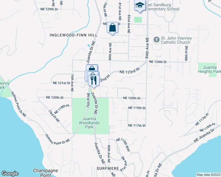 map of restaurants, bars, coffee shops, grocery stores, and more near 8010 Northeast 121st Street in Kirkland