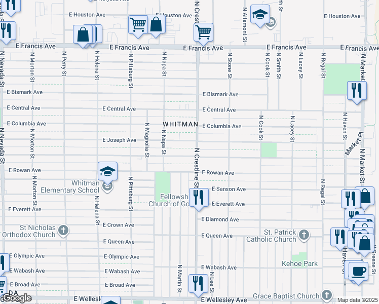 map of restaurants, bars, coffee shops, grocery stores, and more near 2015 East Nebraska Avenue in Spokane