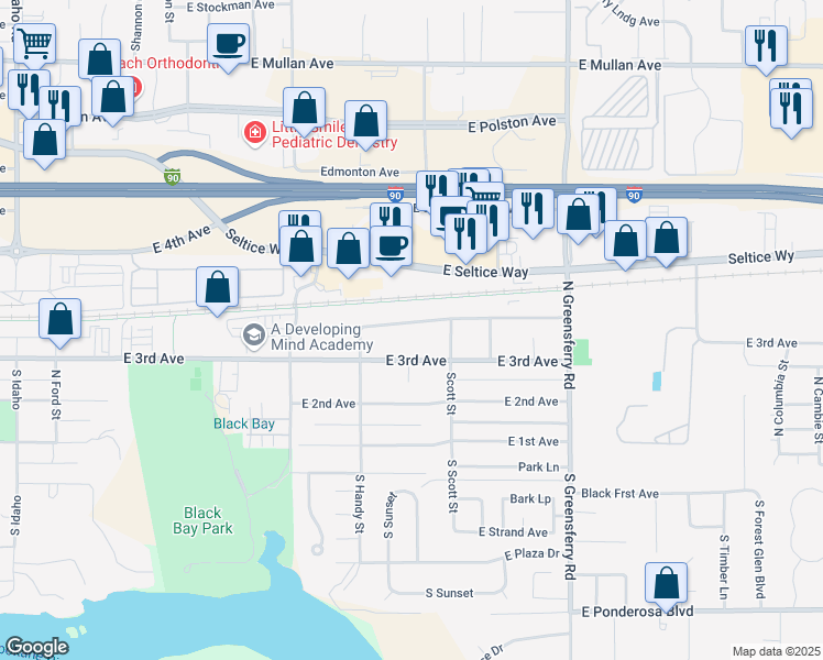 map of restaurants, bars, coffee shops, grocery stores, and more near 1616 East Coeur D Alene Avenue in Post Falls