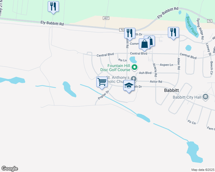 map of restaurants, bars, coffee shops, grocery stores, and more near 40 Maple Boulevard in Babbitt