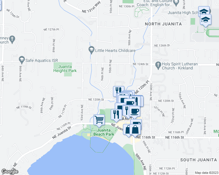 map of restaurants, bars, coffee shops, grocery stores, and more near 12104 95th Place Northeast in Kirkland
