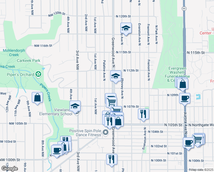 map of restaurants, bars, coffee shops, grocery stores, and more near 202 North 110th Street in Seattle