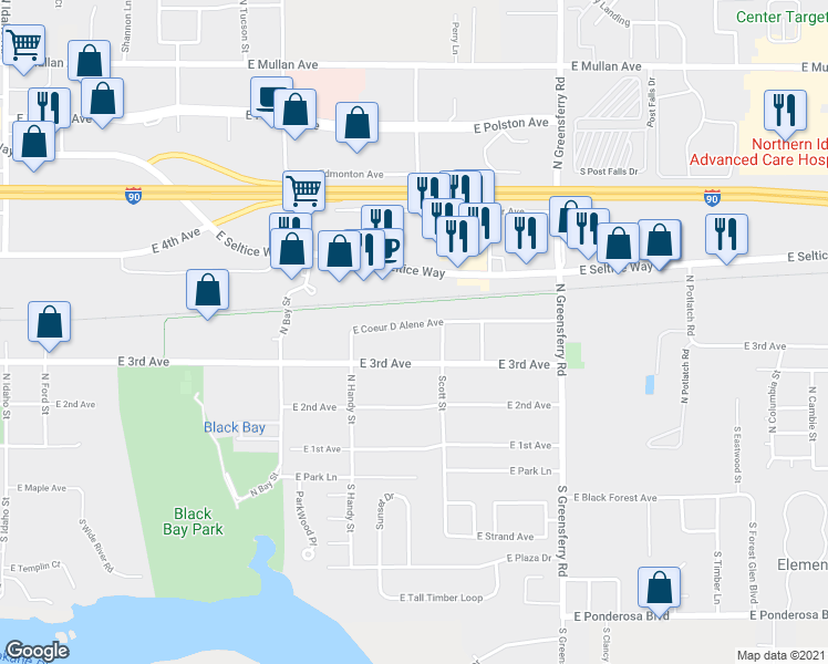 map of restaurants, bars, coffee shops, grocery stores, and more near 1620 East Coeur D Alene Avenue in Post Falls