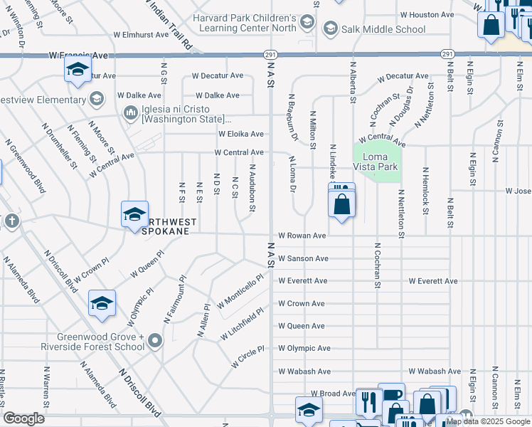 map of restaurants, bars, coffee shops, grocery stores, and more near 5603 North A Street in Spokane