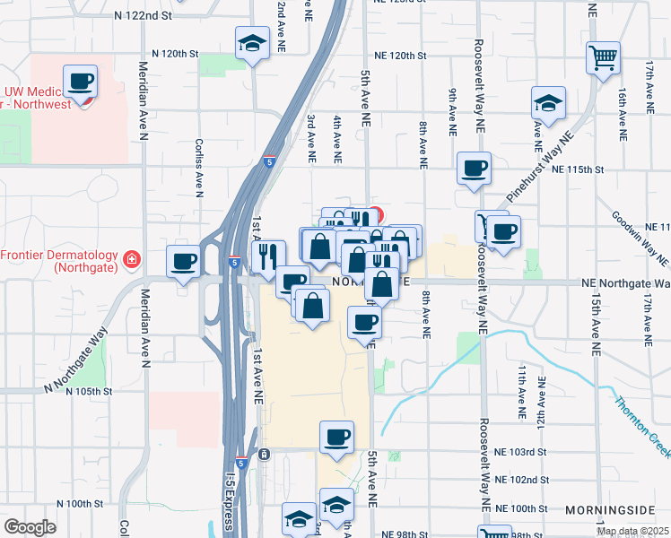 map of restaurants, bars, coffee shops, grocery stores, and more near 302 Northeast Northgate Way in Seattle