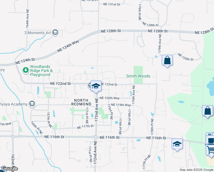 map of restaurants, bars, coffee shops, grocery stores, and more near 17297 Northeast 122nd Street in Redmond