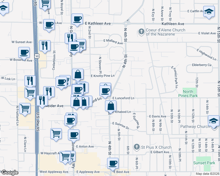 map of restaurants, bars, coffee shops, grocery stores, and more near 3401 North 4th Street in Coeur d'Alene