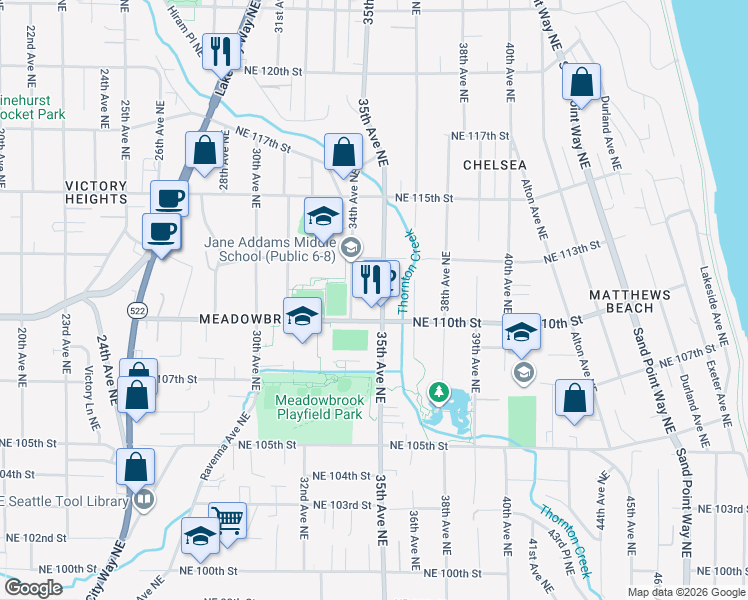 map of restaurants, bars, coffee shops, grocery stores, and more near 11020 35th Avenue Northeast in Seattle