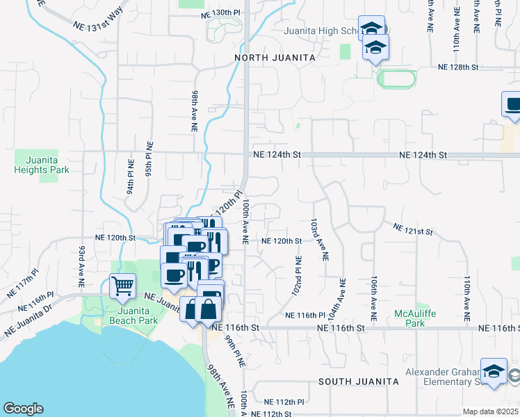 map of restaurants, bars, coffee shops, grocery stores, and more near 10009 Northeast 120th Lane in Kirkland