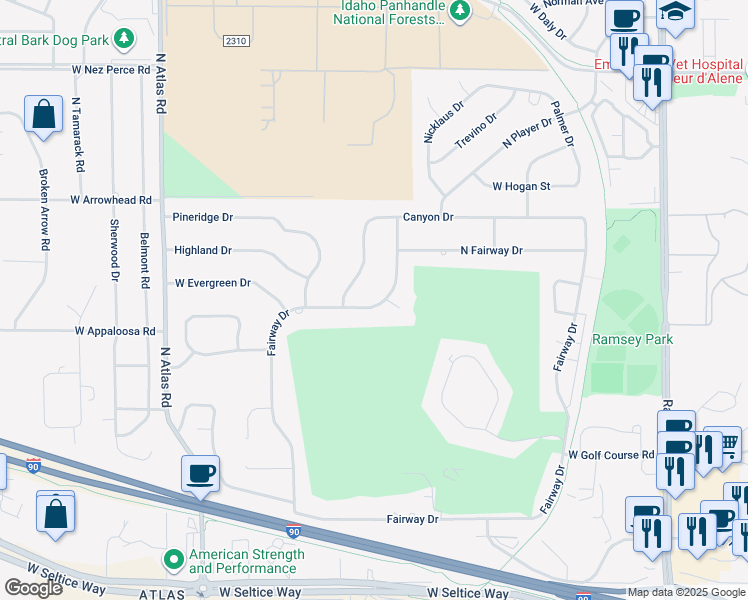 map of restaurants, bars, coffee shops, grocery stores, and more near 3580 Fairway Drive in Coeur d'Alene