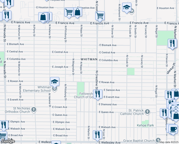 map of restaurants, bars, coffee shops, grocery stores, and more near 2015 East Nebraska Avenue in Spokane