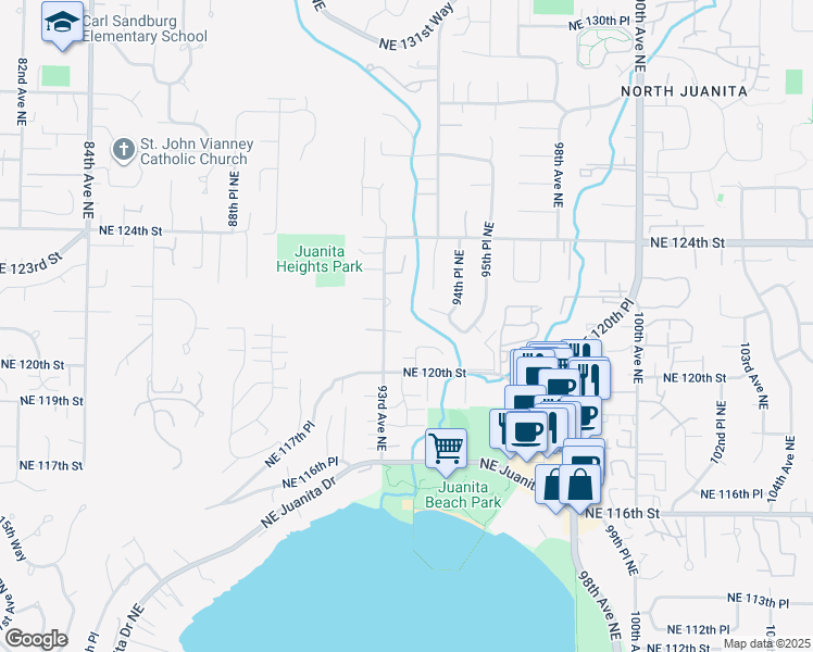 map of restaurants, bars, coffee shops, grocery stores, and more near 9318 Northeast 121st Court in Kirkland