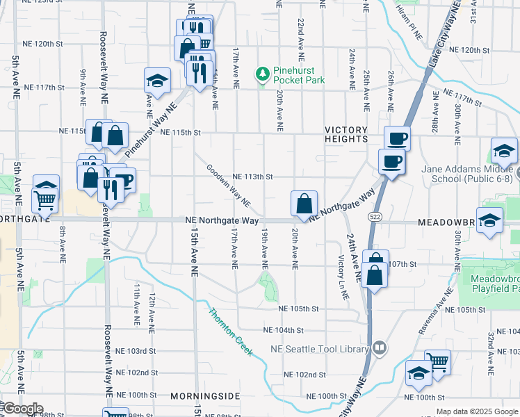map of restaurants, bars, coffee shops, grocery stores, and more near 11010 Goodwin Way Northeast in Seattle