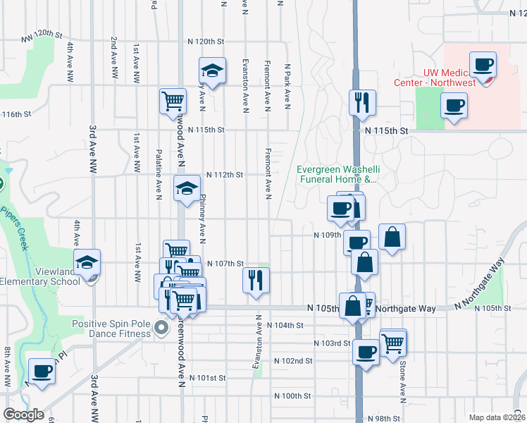 map of restaurants, bars, coffee shops, grocery stores, and more near 11003 Fremont Avenue North in Seattle