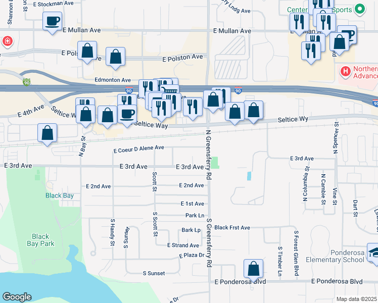 map of restaurants, bars, coffee shops, grocery stores, and more near 1812 East Coeur D Alene Avenue in Post Falls