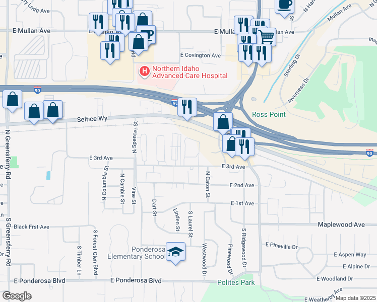 map of restaurants, bars, coffee shops, grocery stores, and more near 310 North Promenade Loop in Post Falls