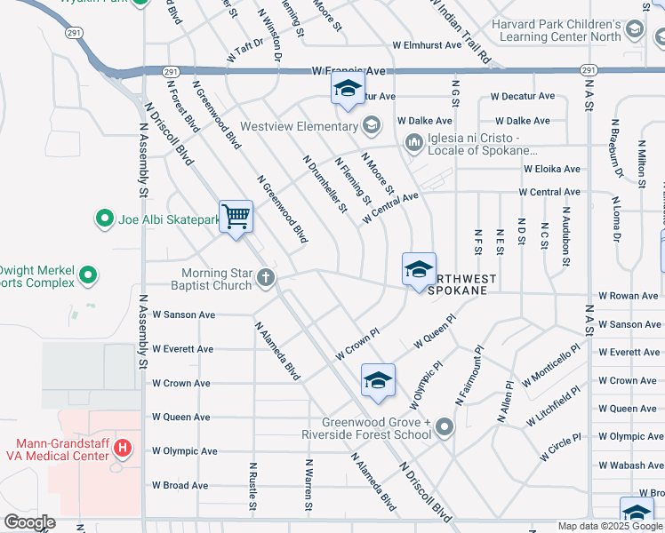 map of restaurants, bars, coffee shops, grocery stores, and more near 5603 North Sutherlin Street in Spokane