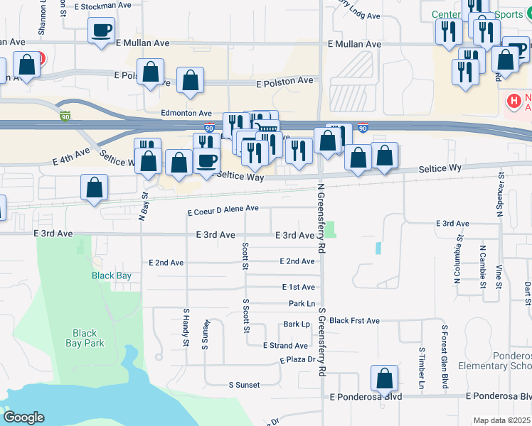 map of restaurants, bars, coffee shops, grocery stores, and more near 305 North Beckett Street in Post Falls