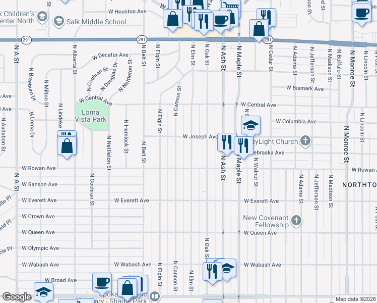 map of restaurants, bars, coffee shops, grocery stores, and more near 5603 North Elm Street in Spokane