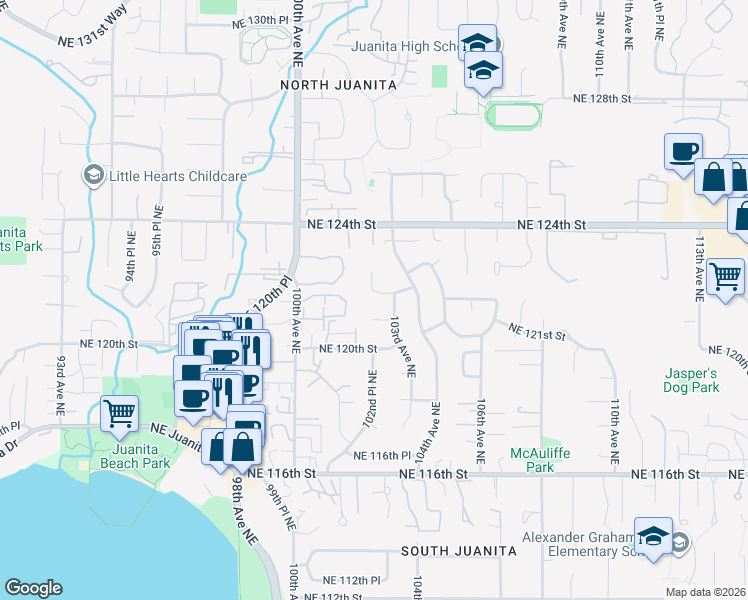 map of restaurants, bars, coffee shops, grocery stores, and more near 10201 Northeast 122nd Street in Kirkland