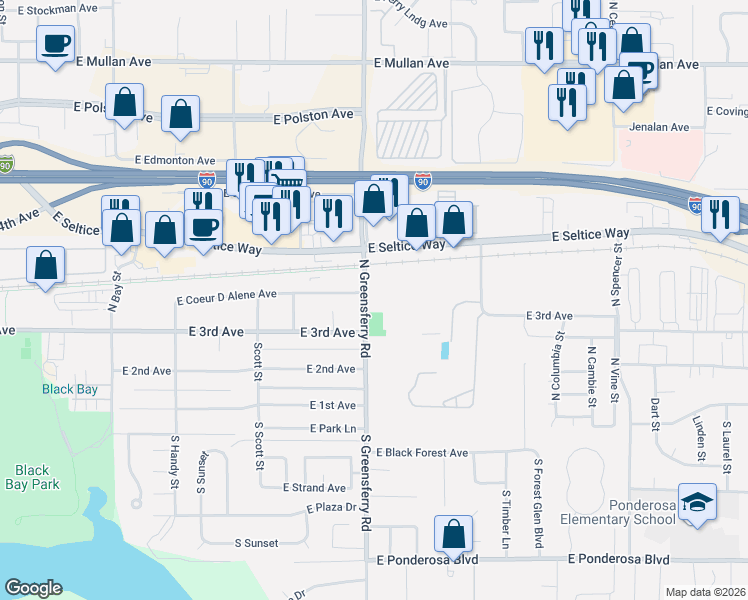 map of restaurants, bars, coffee shops, grocery stores, and more near 308 North Greensferry Road in Post Falls