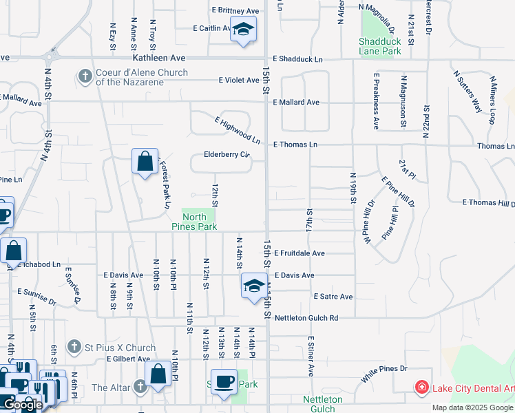 map of restaurants, bars, coffee shops, grocery stores, and more near 3511 North 15th Street in Coeur d'Alene