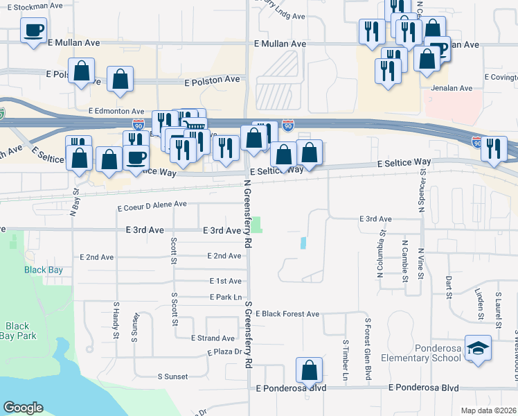 map of restaurants, bars, coffee shops, grocery stores, and more near 308 North Greensferry Road in Post Falls