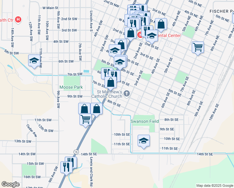 map of restaurants, bars, coffee shops, grocery stores, and more near 121 7th Street Southeast in Sidney