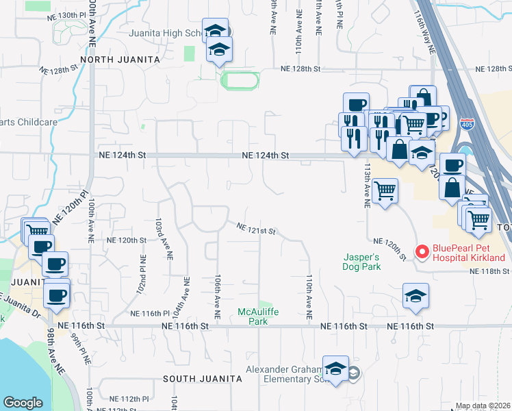 map of restaurants, bars, coffee shops, grocery stores, and more near 12136 107th Avenue Northeast in Kirkland