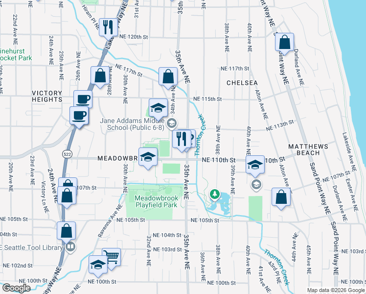 map of restaurants, bars, coffee shops, grocery stores, and more near 11020 35th Avenue Northeast in Seattle