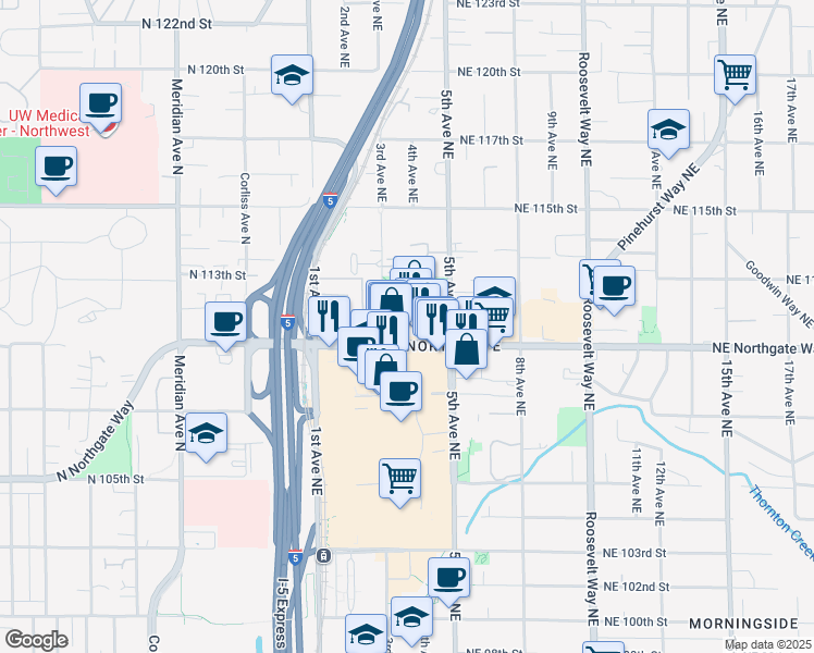 map of restaurants, bars, coffee shops, grocery stores, and more near 302 Northeast Northgate Way in Seattle