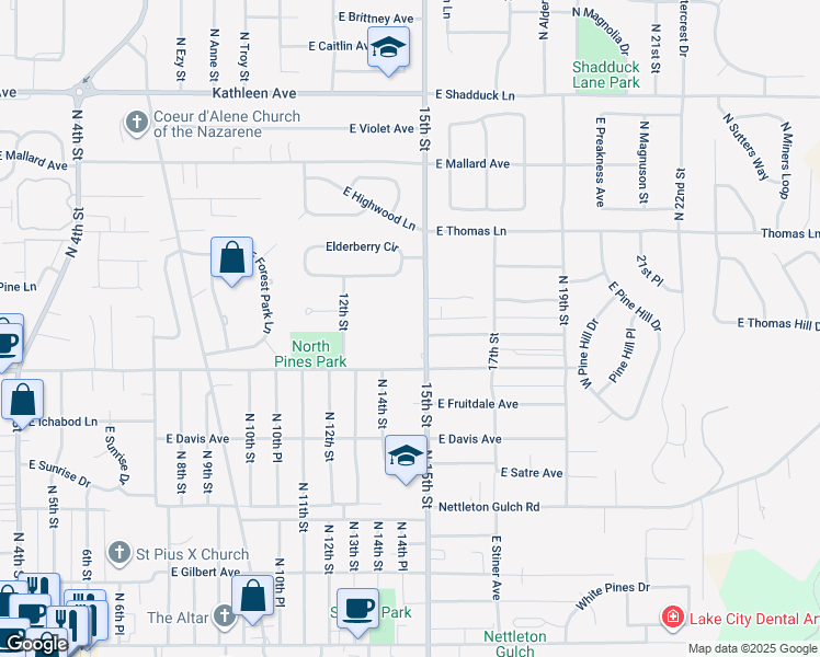 map of restaurants, bars, coffee shops, grocery stores, and more near 3511 North 15th Street in Coeur d'Alene
