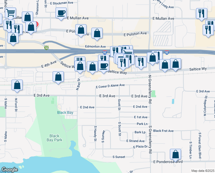 map of restaurants, bars, coffee shops, grocery stores, and more near 1616 East Coeur D Alene Avenue in Post Falls