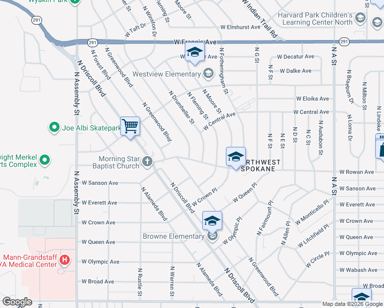 map of restaurants, bars, coffee shops, grocery stores, and more near 5603 North Sutherlin Street in Spokane