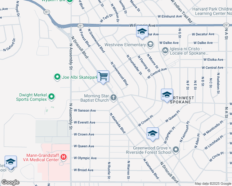 map of restaurants, bars, coffee shops, grocery stores, and more near 5524 North Driscoll Boulevard in Spokane